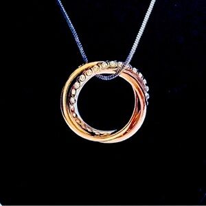 Trinity Necklace, Interlocking Trimetal Rings Rose Gold, Gold & Silver Zirconia